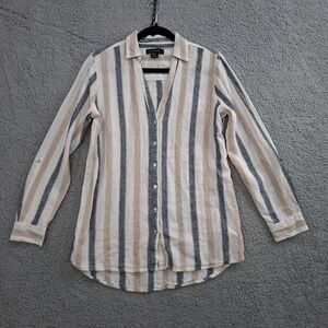 Tahari Women's S Gray White Striped Linen Blend Button Down Roll Sleeve Shirt